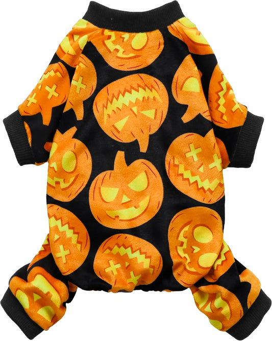 Fitwarm Halloween Pumpkin Dog Pajamas, Funny Dog Winter Clothes for Small Dogs Girl Boy, Pet Jumpsuit, Cat Halloween Costumes with Feet, Lightweight Velvet, Black, Orange, XXL