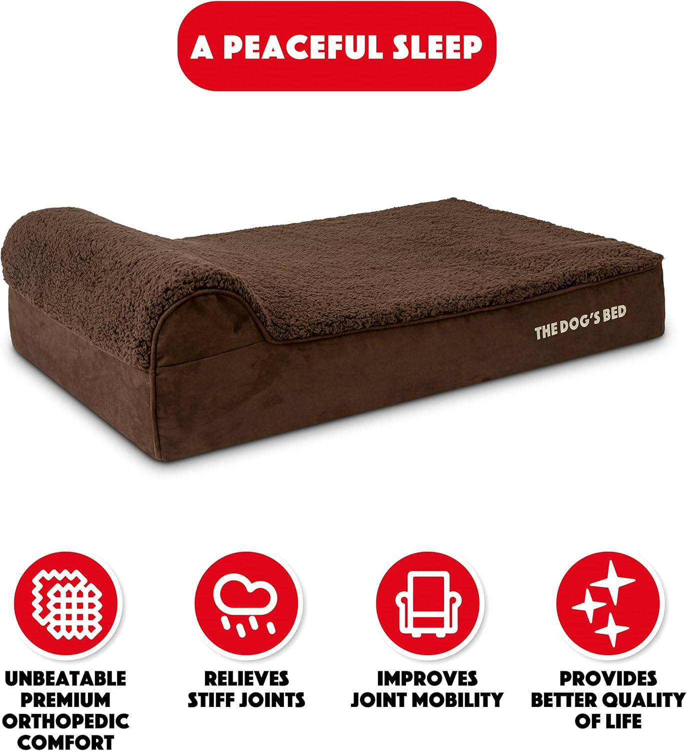 The Dog’s Bed Orthopedic Headrest Dog Bed Large Brown Plush 40x25, Memory Foam, Pain Relief forArthritis, Hip & Elbow Dysplasia, Post Surgery, Lameness, Veterinary Approved, Waterproof Washable Cover