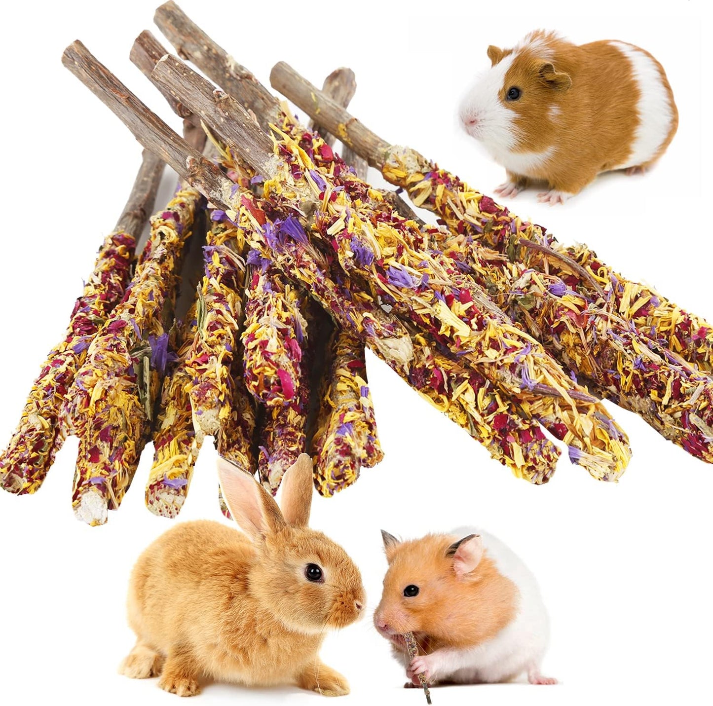 Abizoo Bunny Chew Toys for Rabbits,18PCS Natural Apple Wood Sticks with Petals Good for Chinchillas Guinea Pig Hamster Teeth Care, Bunny Small Pet Treats Teething Toys| Natural Organic Safe