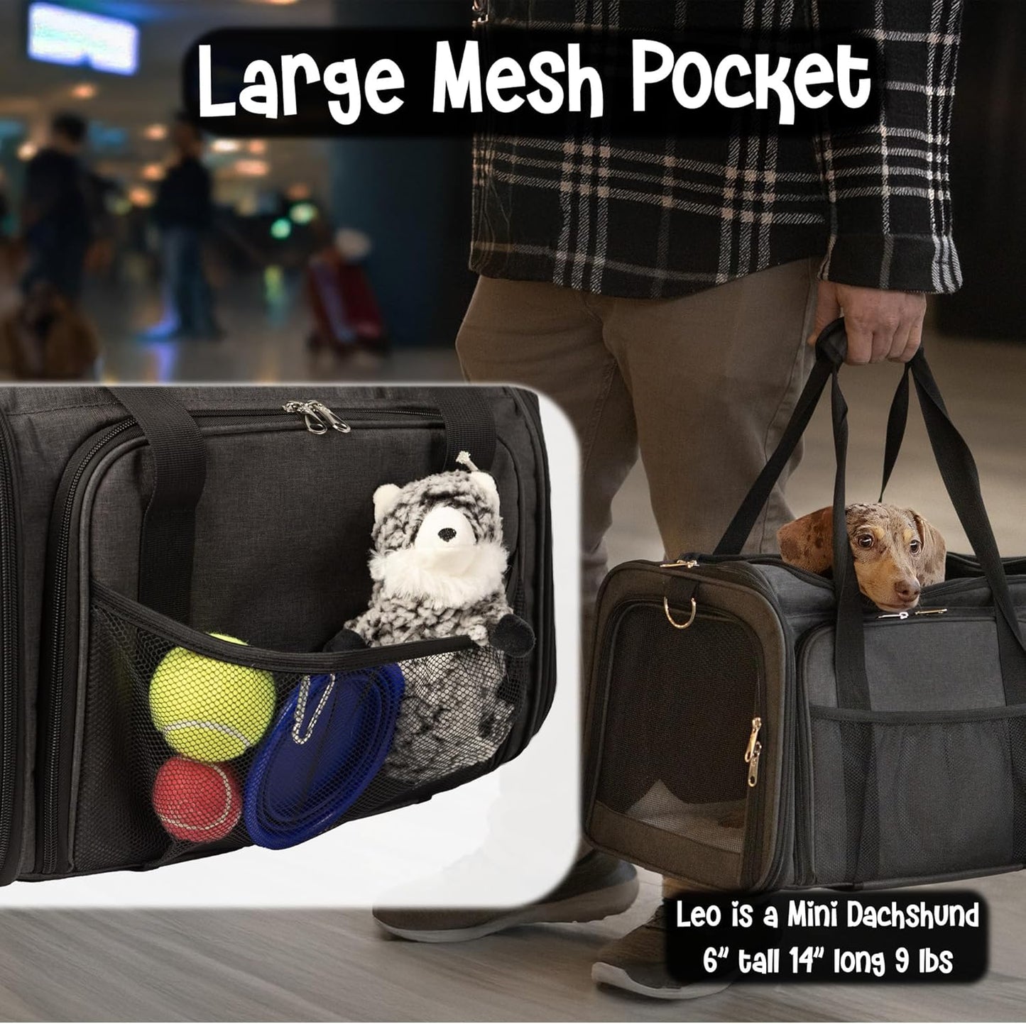 Pet Carrier with Wheels | United Delta American Frontier Airline Approved | Two Expandable Sides, Storage Pockets Adjustable Leash | Rolling Dog and Cat Carrier TSA Compliant (Charcoal)