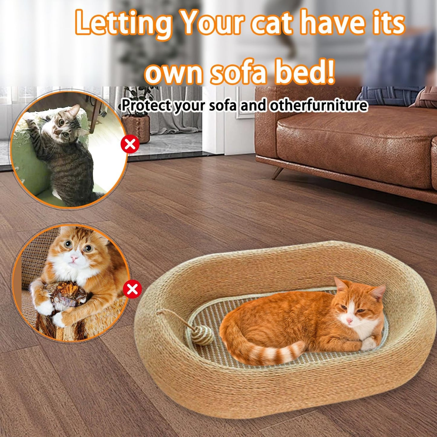 3-in-1 Sisal Scratching Board Bed, for Indoor Cats, Large Oval Cat Scratching Board, Toys for Playing and Nursing Paws (24x15x5 inches) (Large Size, Cat Bed - with Cooling Pad)