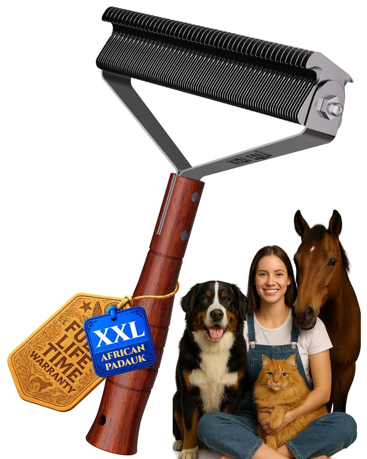 Oversized 2-Sided Dog Brush For Shedding Undercoat Rake for Dogs & Cats & Horses, Remove Mats,Dematting Comb, Grooming Brush for German Shepherds Medium to Long-Haired Pets(African Padauk Handle)