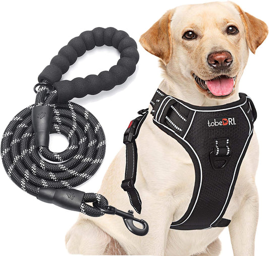 No Pull Dog Harness Adjustable Reflective Oxford Easy Control Medium Large Dog Harness with A Free Heavy Duty 5ft Dog Leash (S (Neck: 13"-18", Chest: 17.5"-22"), Black Harness+Leash)