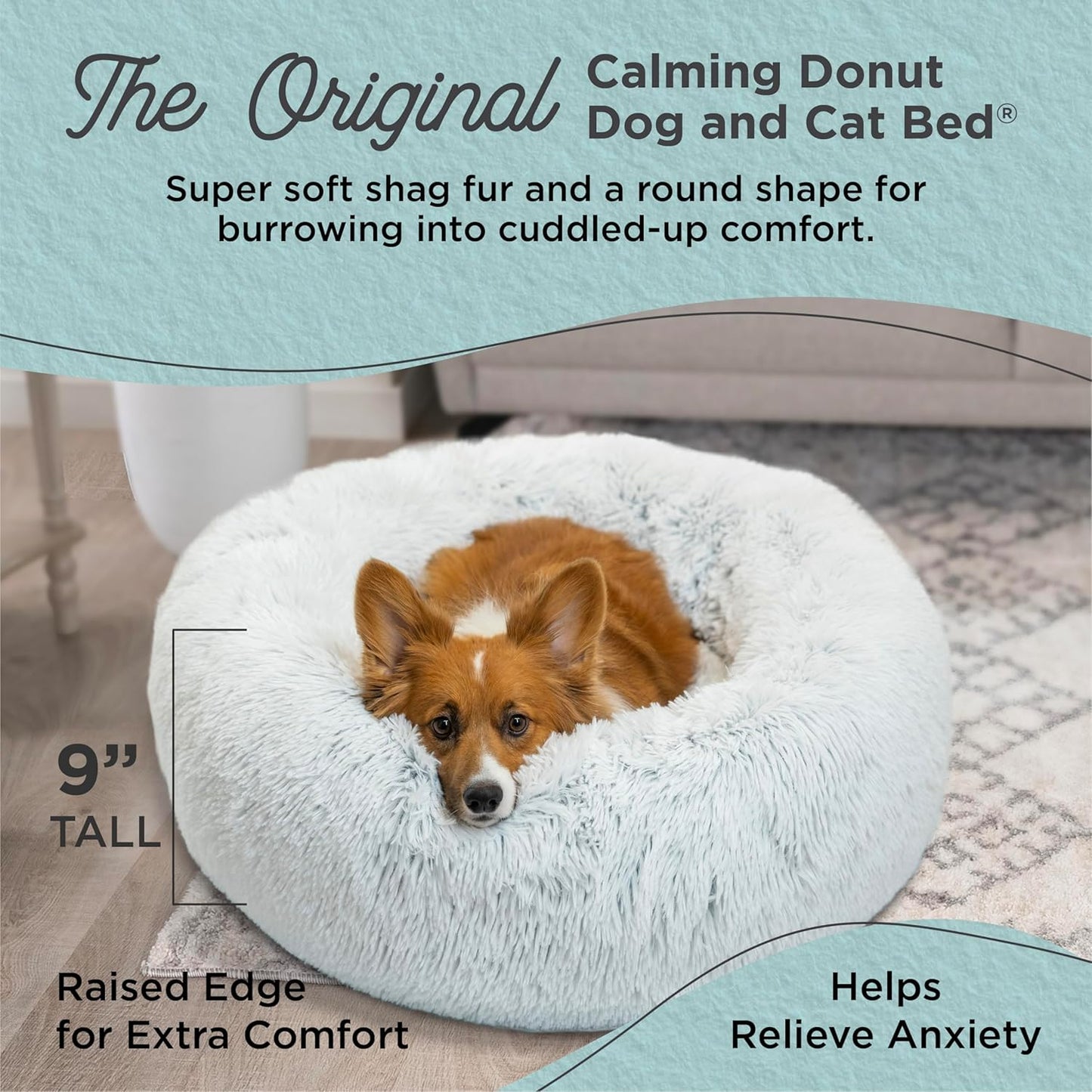 Best Friends by Sheri Original Calming Donut Dog and Cat Bed, Shag Faux Fur, Frost Gray, (30in x 30in) - Anxiety Relief for Pets Up to 45 lbs