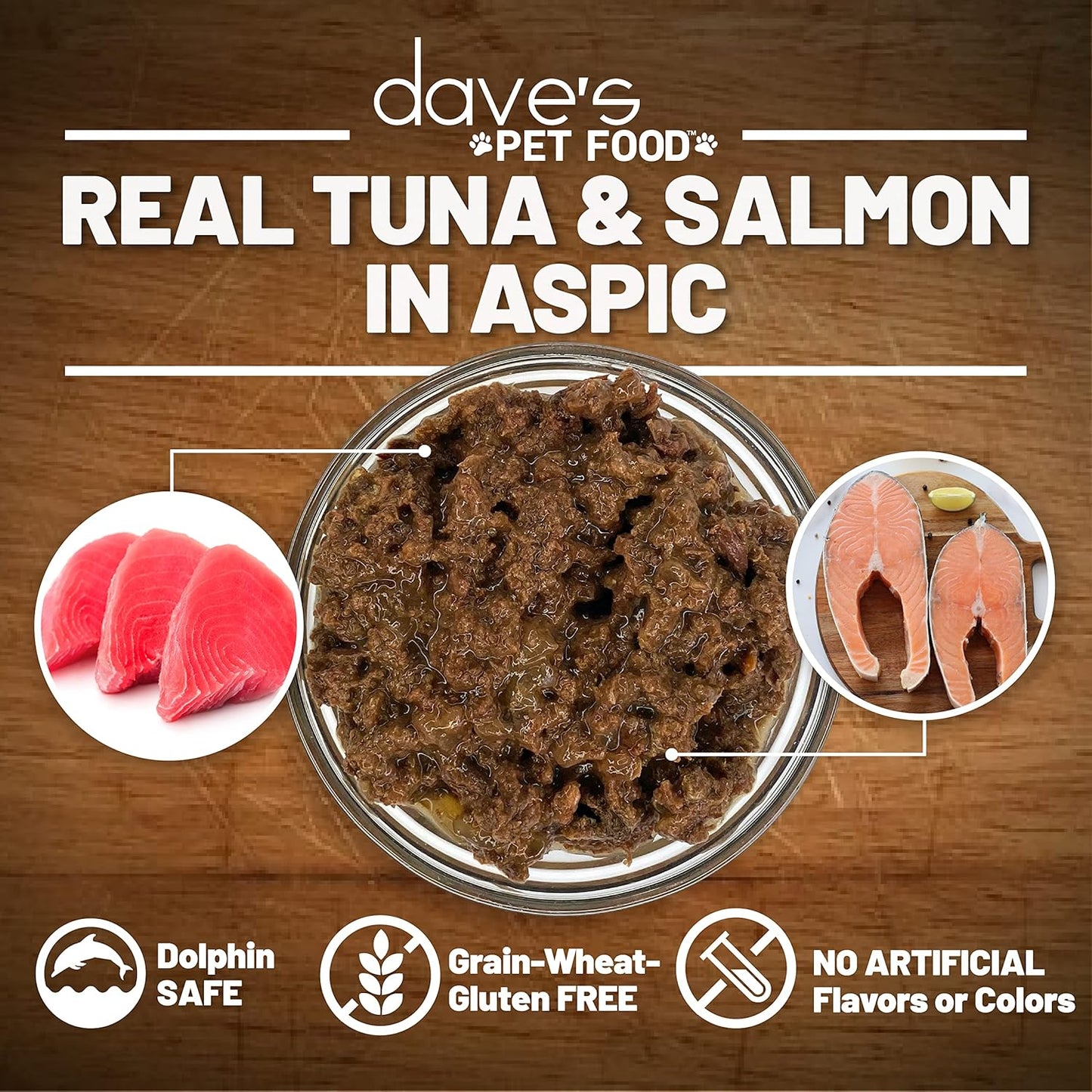Dave's Pet Food Grain Free Wet Cat Food (Tuna & Salmon Dinner in Aspic), Naturally Healthy Canned, Added Vitamins & Minerals, 5.5 oz Cans (24 Pack