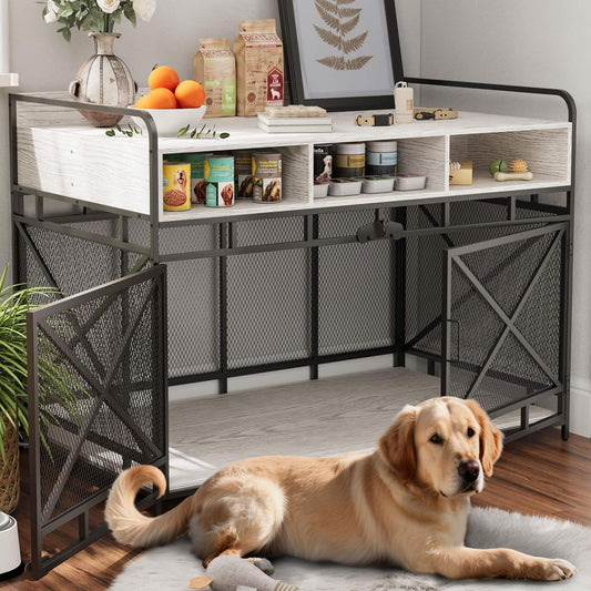 Dog Crate Furniture, 48" Heavy Duty Wooden Dog Crate End Table, XL Dog Kennel Furniture Large Breed, Decorative Dog Kennel Indoor with 3 Drawers & Steel Tube 48"L x28"W x36"H (White and Black)