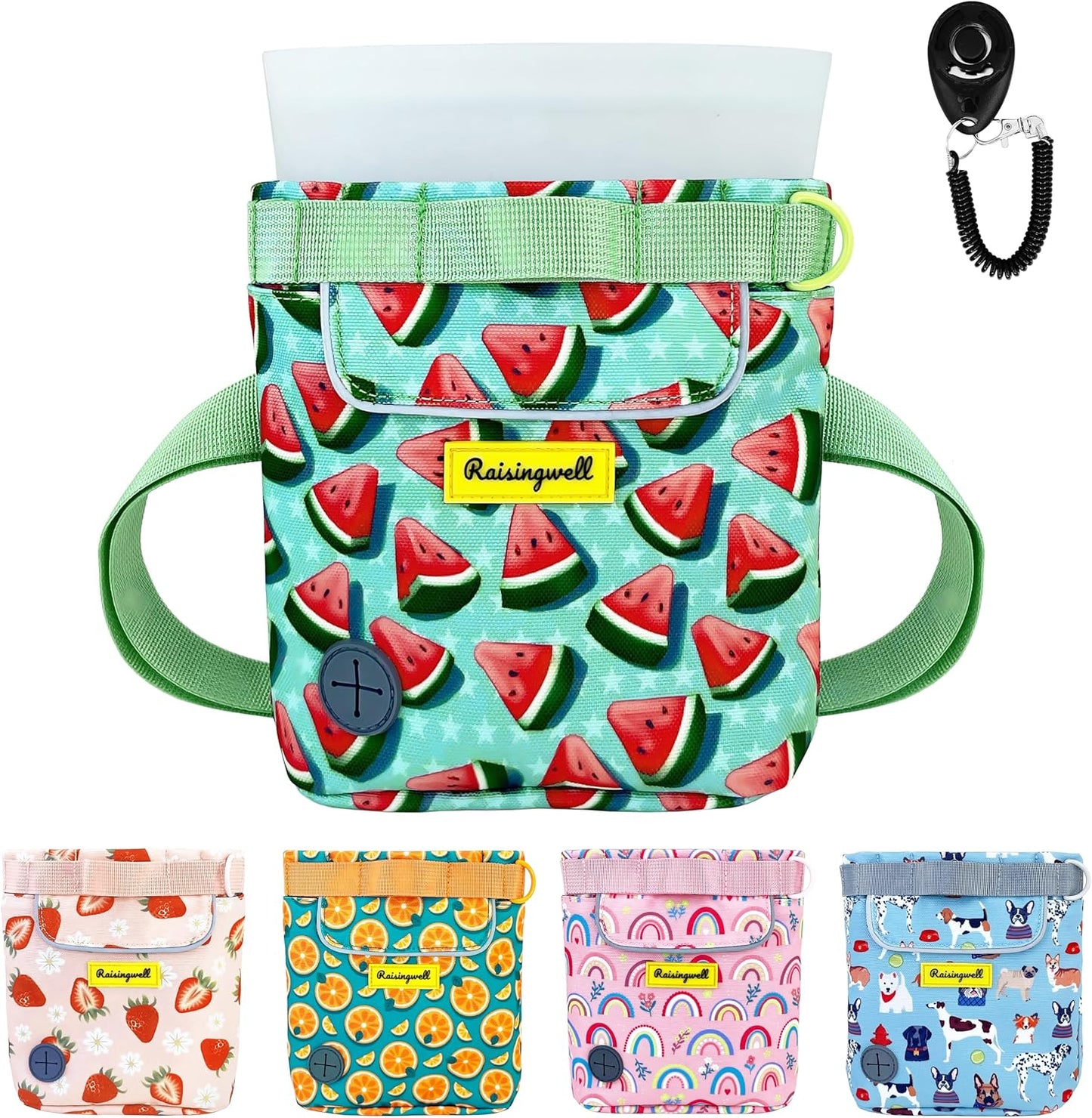 Dog Treat Pouch for Pet Walking and Training with Clicker 2 Cup Silicone Bag Small Fanny Pack Holder for Puppy Snack Dispenser Kit for Leash and Outdoor Use (Watermelon)