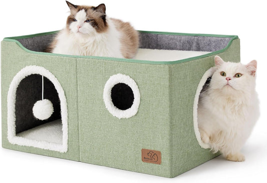 Bedsure Large Cat Beds for Indoor Cats - Extra Wide Cat Cube House for Small Pet with Fluffy Ball Hanging and Scratch Pad, Foldable Pet Cave Hideaway for Multiple Cats, 23.6x16.9x13 inches, Green