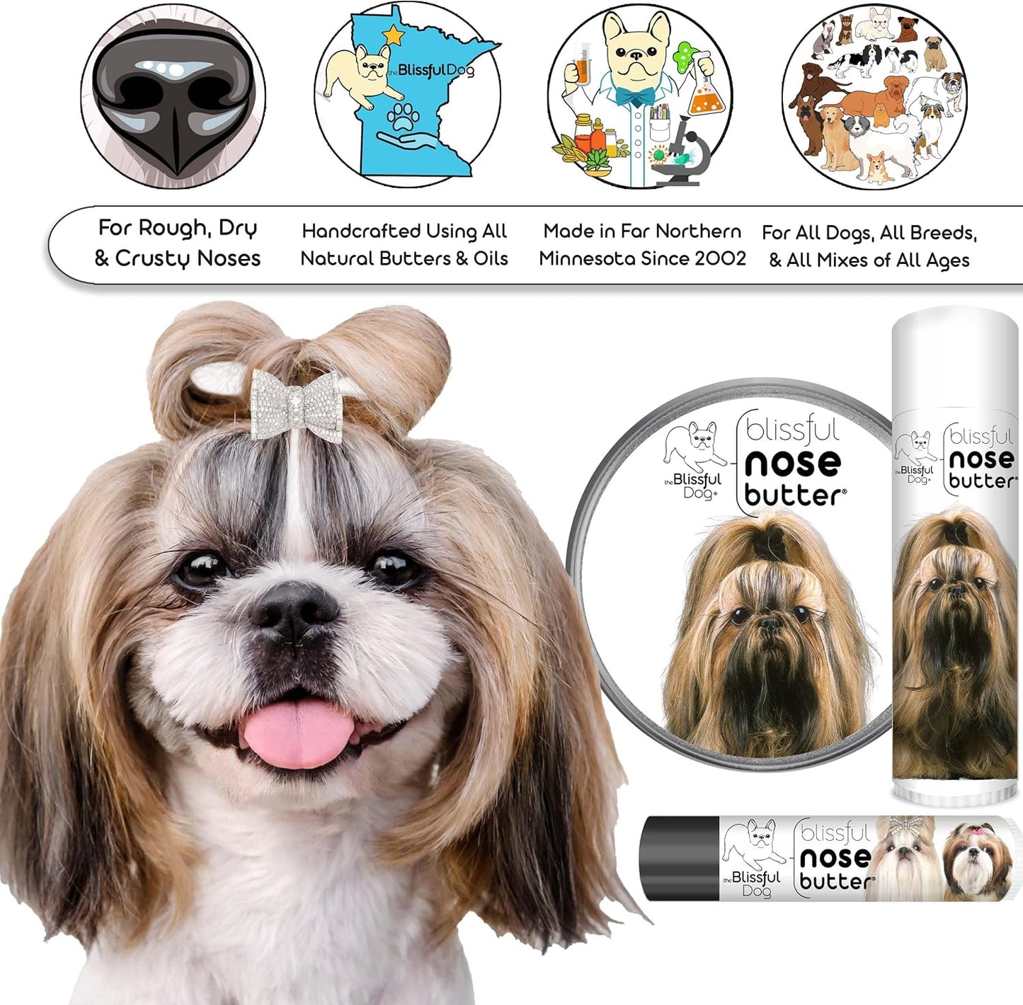 The Blissful Dog Shih Tzu Nose Butter for Dry, Cracked Skin, Lick-Safe Dog Nose Balm with Moisturizing Shea Butter, Almond, Olive, and Essential Oils, Pet Supplies, Uncented, 4 oz.