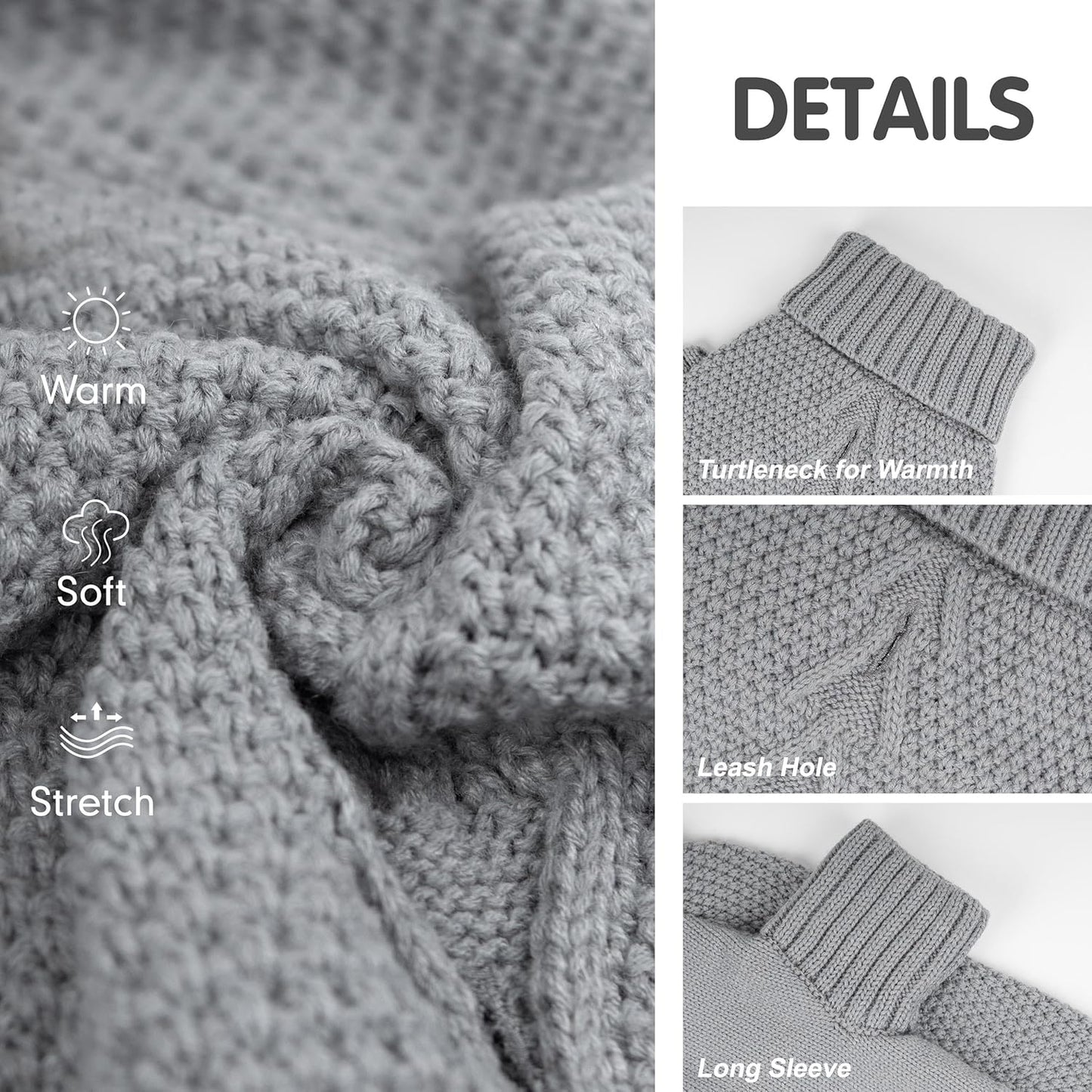 cyeollo Dog Sweater Knitwear Pullover Sweaters with Leash Hole Turtleneck Fall Winter Dog Clothes Sweaters for Large Dogs, Grey XXXL