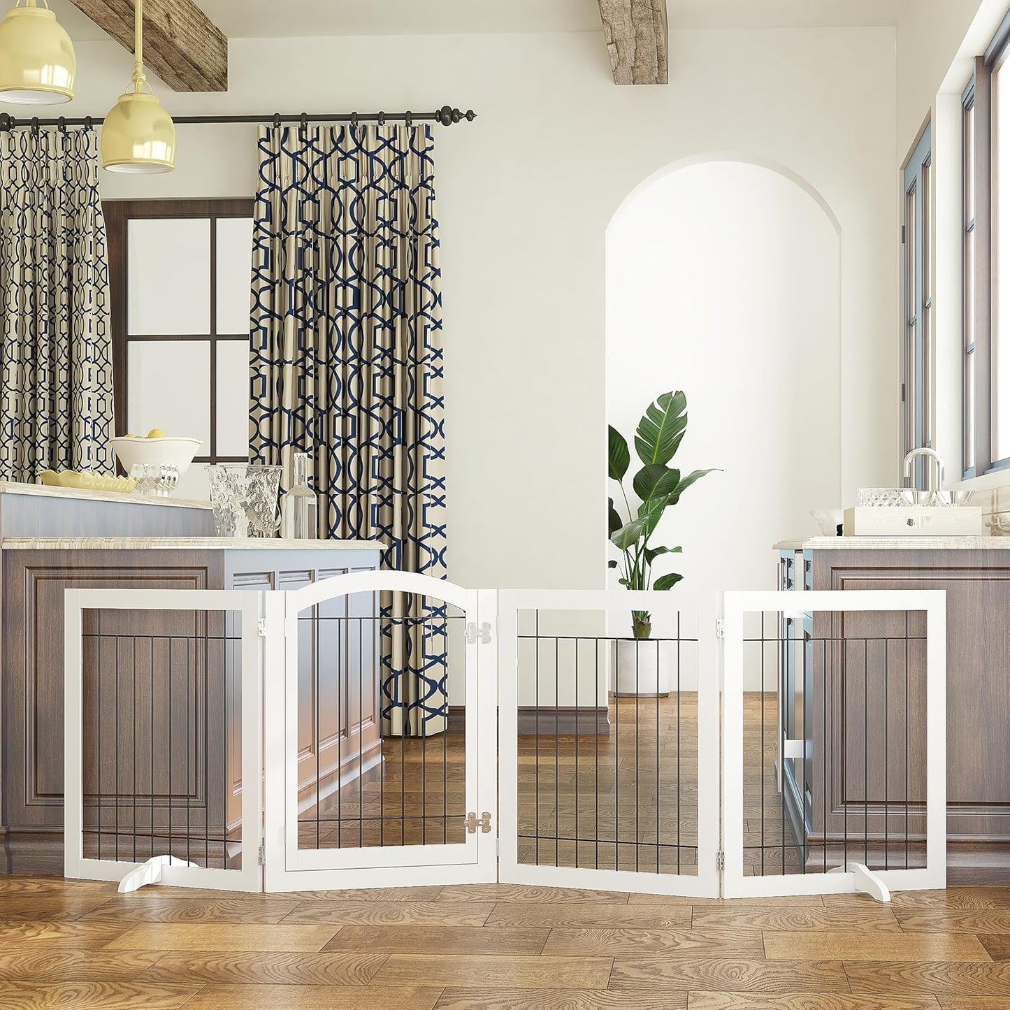 SPIRICH 96-inch Extra Wide 30-inches Tall Dog Gate with Door Walk Through, Freestanding Wire Pet Gate for The House, Doorway, Stairs, Pet Puppy Safety Fence, Support Feet Included (White)