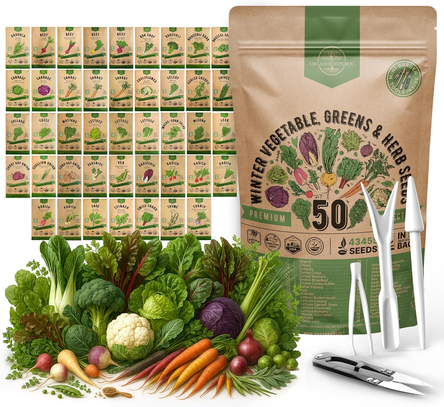 50 Winter Vegetable Garden Seeds Variety Pack - 43,450+ Non-GMO Heirloom Seeds for Outdoors & Indoor Home Gardening, Including Kohlrabi, Lettuce, Radish, Onion, Choy, Spinach, Cauliflower, Collards