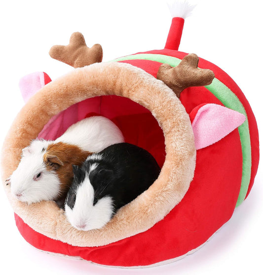 JanYoo Small Pet Gerbil Hedgehog Guinea Pig Bed Accessories Cage Toys Bearded Dragon House Hamster Supplies Habitat Ferret Rat for Christmas (XL, Reindeer)
