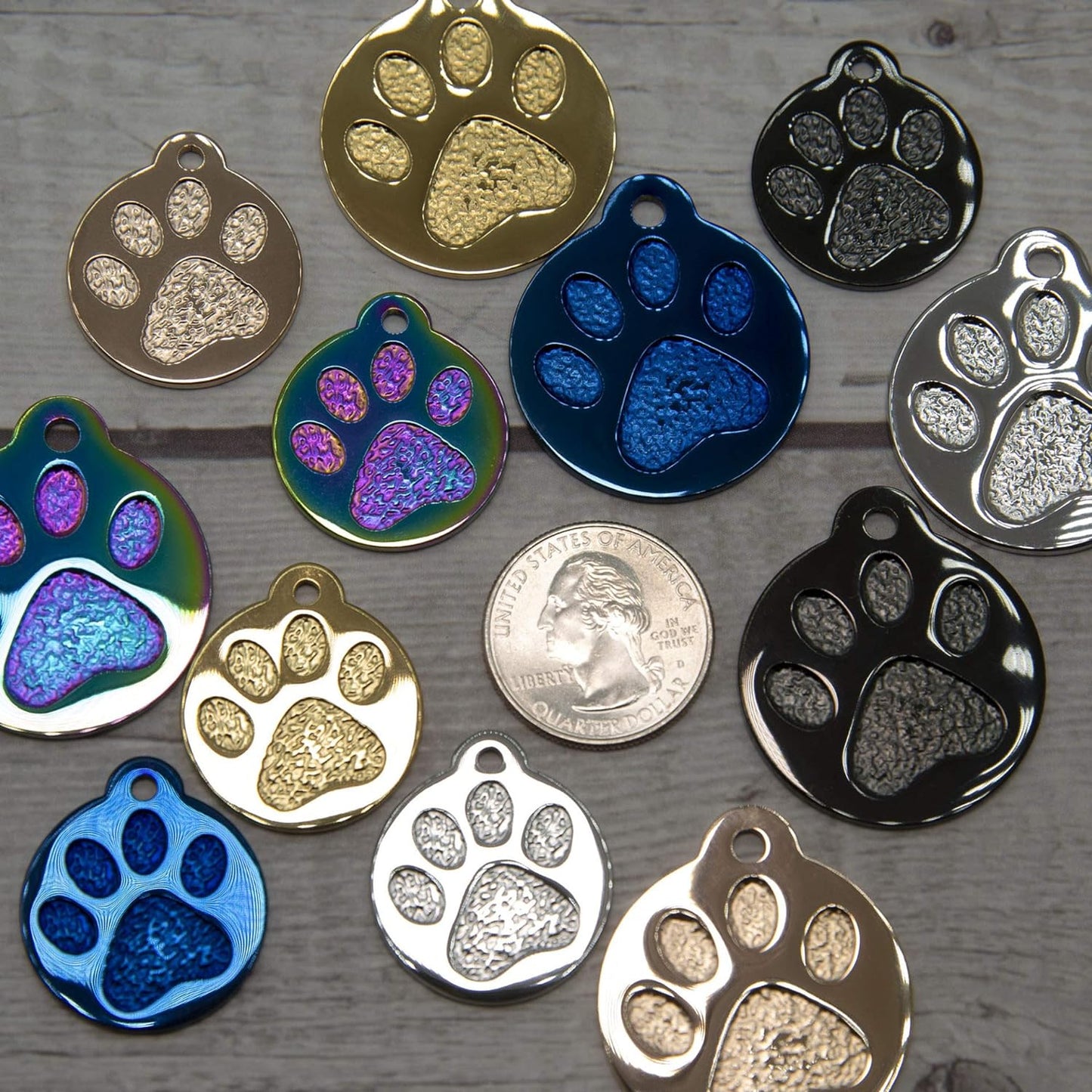 Engraved Pet Tag for Dogs and Cats - Personalized Front & Back up to 4 Lines of Text Custom Engraved ID, Round Paw Print Solid Plating Stainless Steel Blue Small