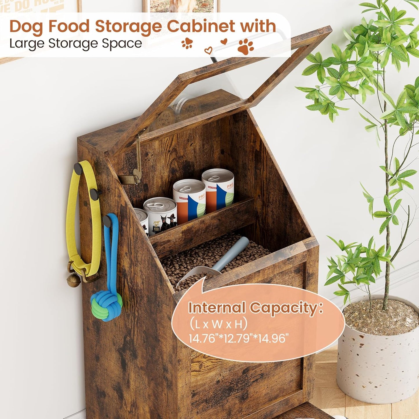 Dog Feeding Station with Storage - Large Capacity Dog Food Storage Cabinet with 2 Removable Stainless Steel Bowls, Flip Top Pet Food Container Toy Storage Organizer - Brown