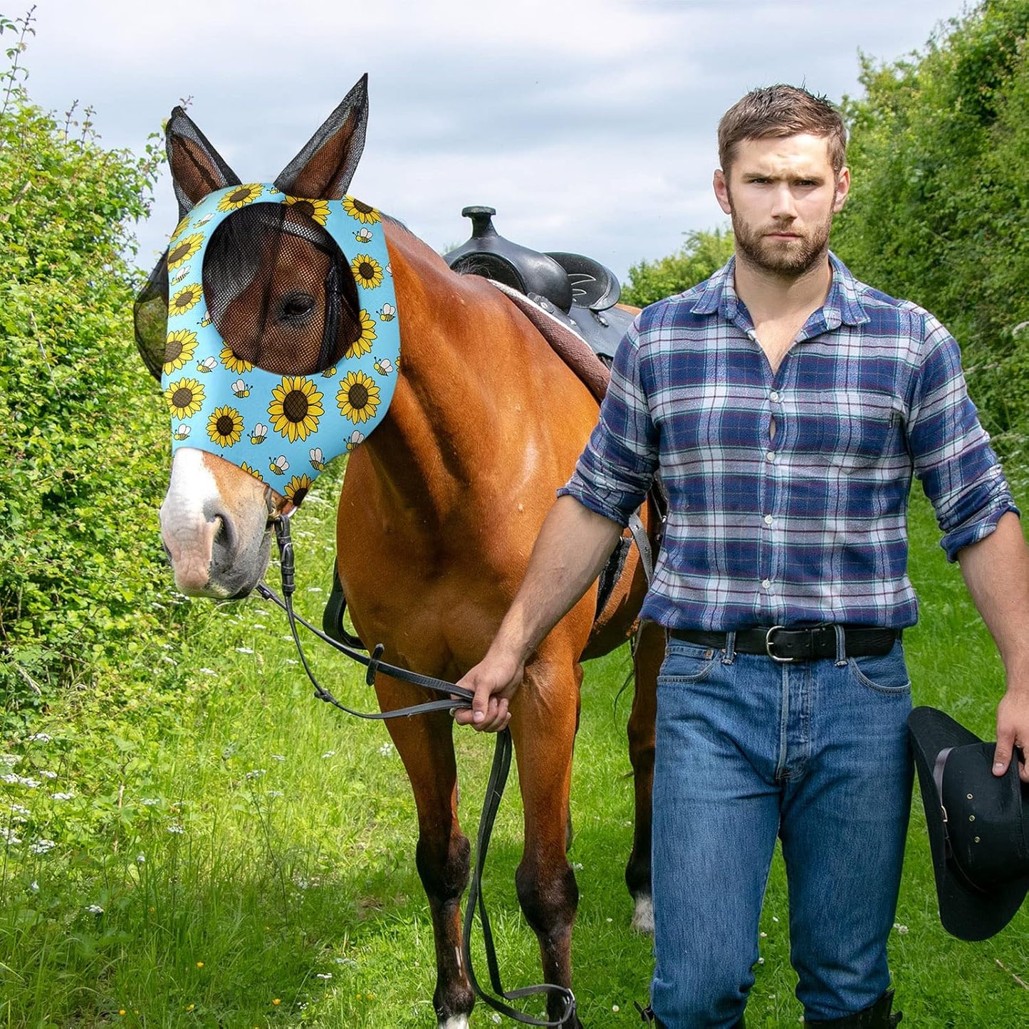 Frienda 4 Pieces Horse Fly Masks with Ears Face Covering UV Protection from Insect Pests Elasticity Smooth Comfortable Mesh Horse Mask Accessories(Flower,Large)