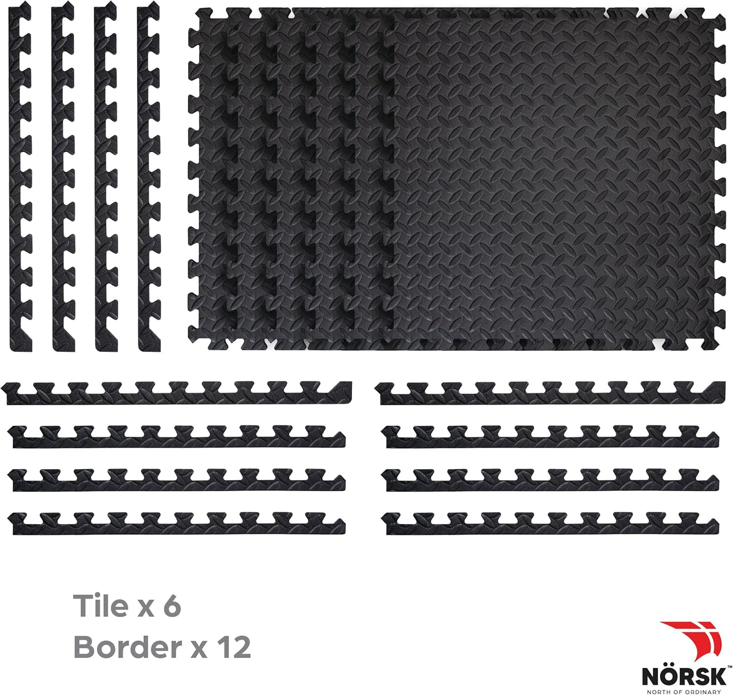 Norsk Foam Floor Gym Mats with Interlocking Tiles, .47" Thick, 24"x24", 18-Pack, 72 Square Feet, Diamond Plate Design, Black