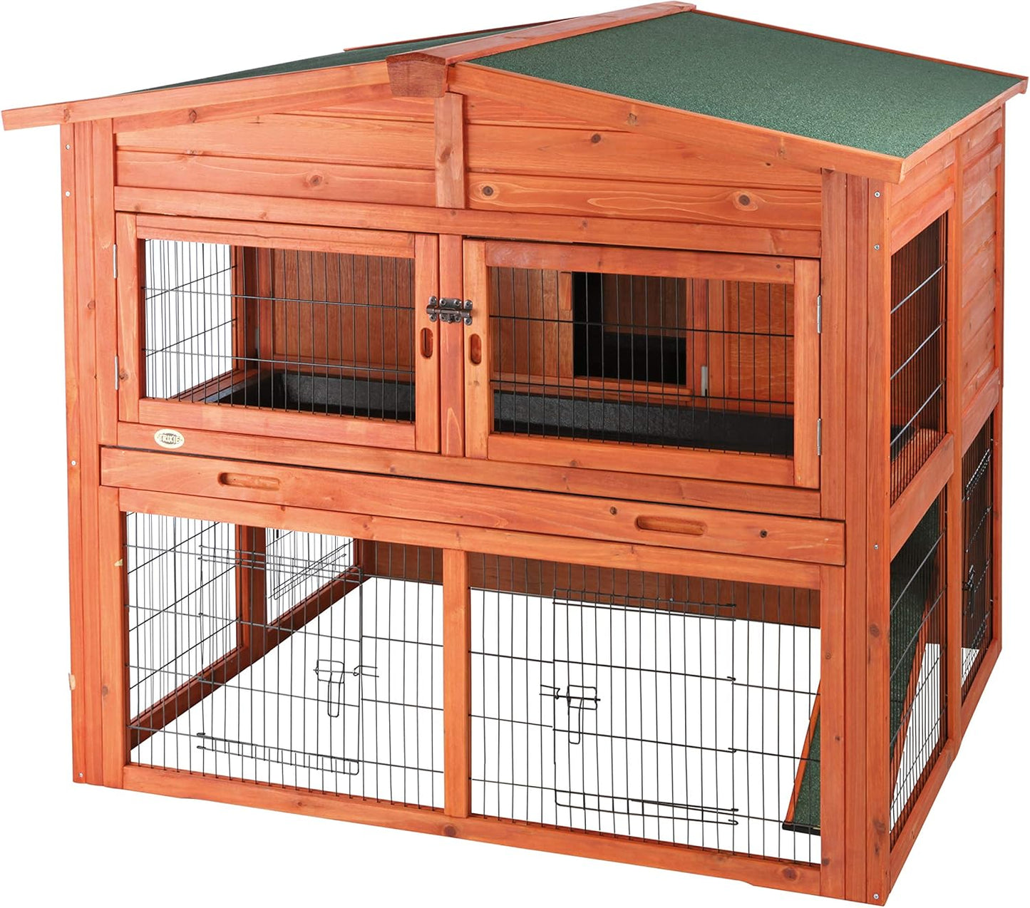 TRIXIE natura Outdoor Deluxe Rabbit Hutch with Run - Large 2-Story Rabbit Cage with Non-Slip Ramp - Elevated Small Animal House with Secure Playpen, Hinged Roof & Two Pull-Out Trays - in Natural