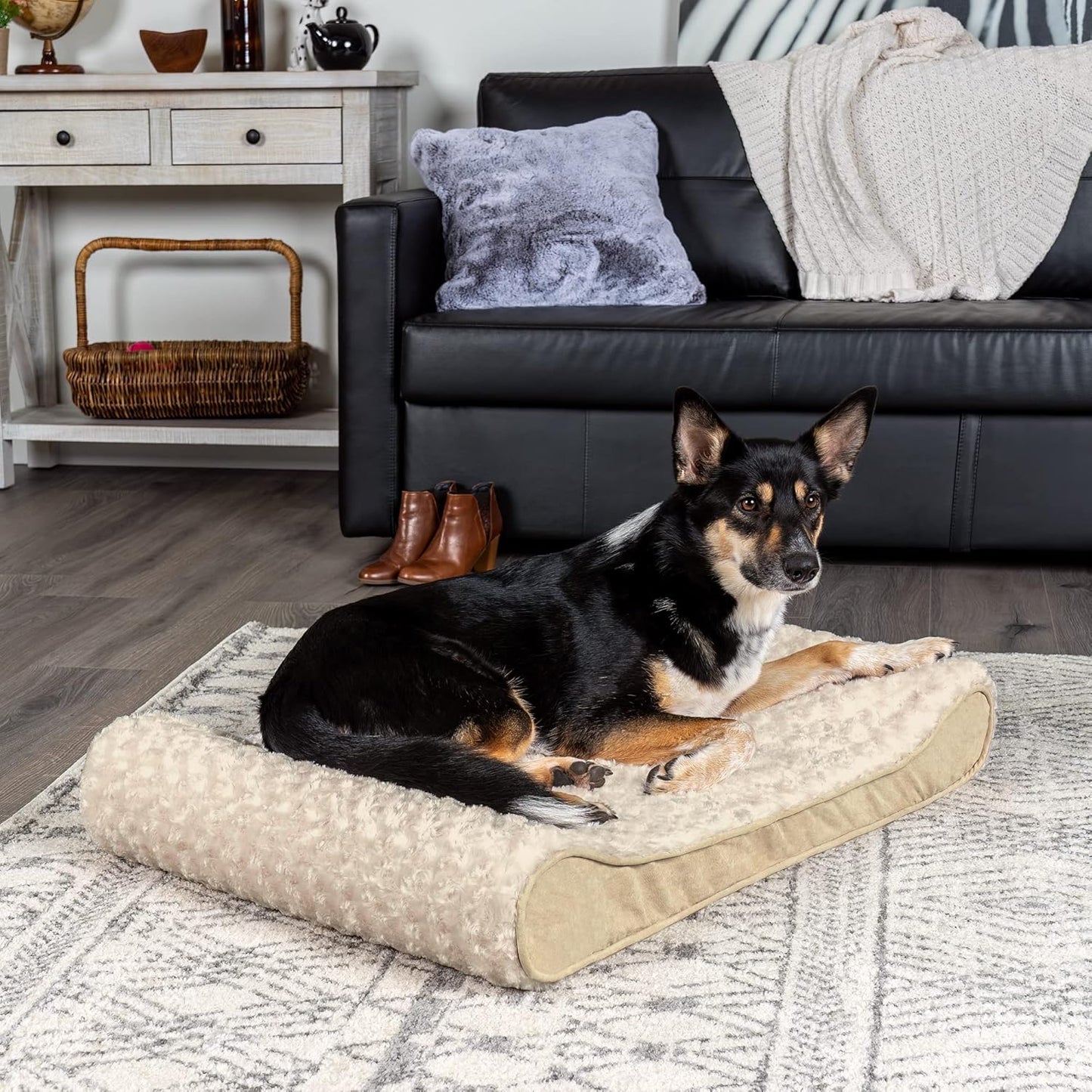 Furhaven Orthopedic Dog Bed for Large/Medium Dogs w/ Removable Washable Cover, For Dogs Up to 38 lbs - Ultra Plush Faux Fur & Suede Luxe Lounger Contour Mattress - Cream, Large