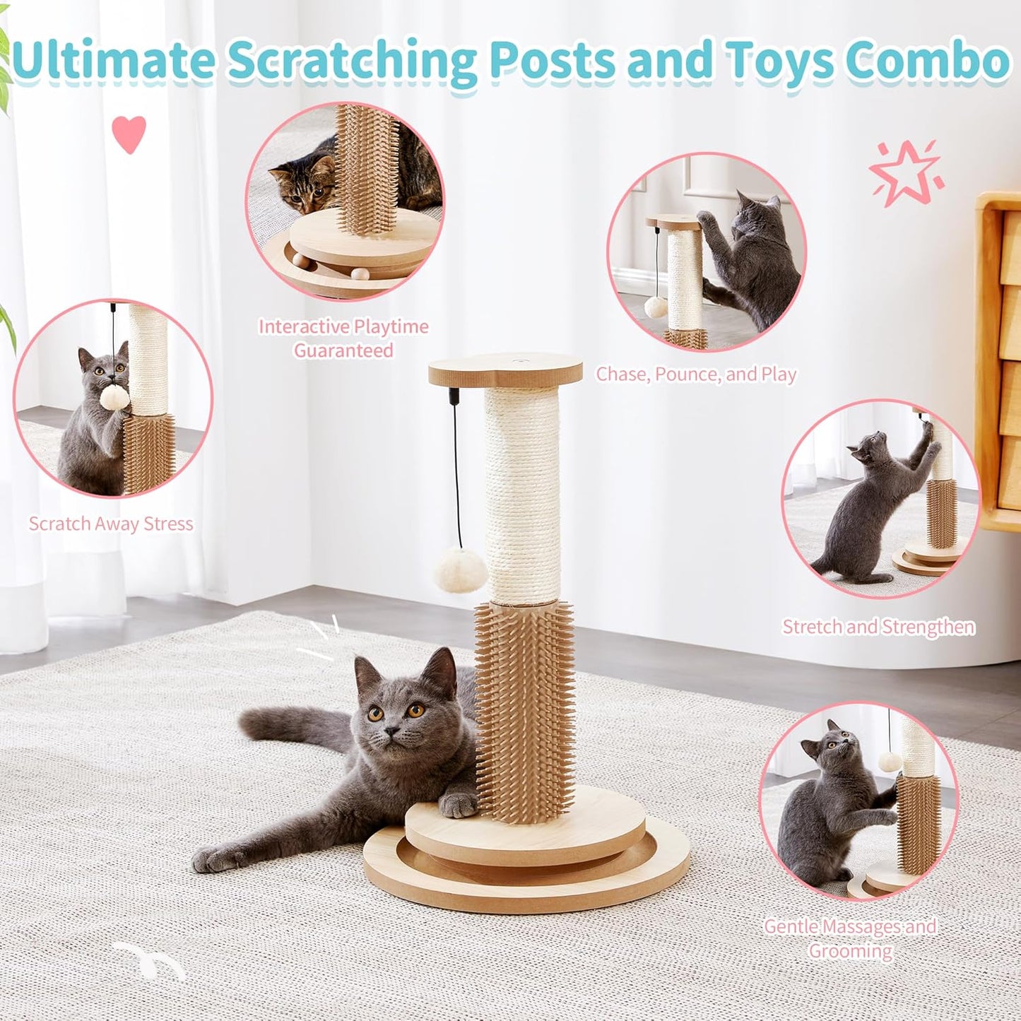 Made4Pets Cat Scratching Post 18" Tall for Small Kittens, 4-in-1 Cat Scratcher with Natural Sisal Ropes, Wooden Turntable Track Toy with Self Grooming Brush, Premium Scratch Pole with Plush Balls