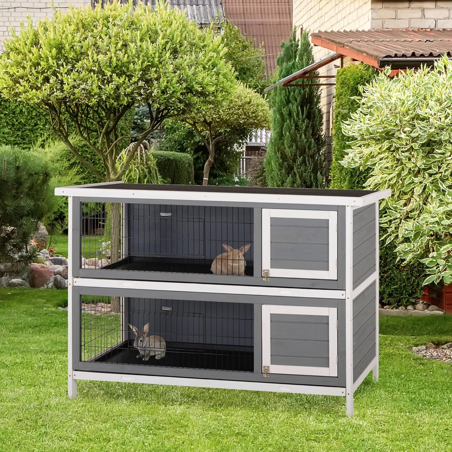 PawHut 54" 2-Story Large Rabbit Hutch Bunny Cage Wooden Pet House Small Animal Habitat with Lockable Doors, No Leak Tray and Waterproof Roof for Outdoor/Indoor Dark Grey