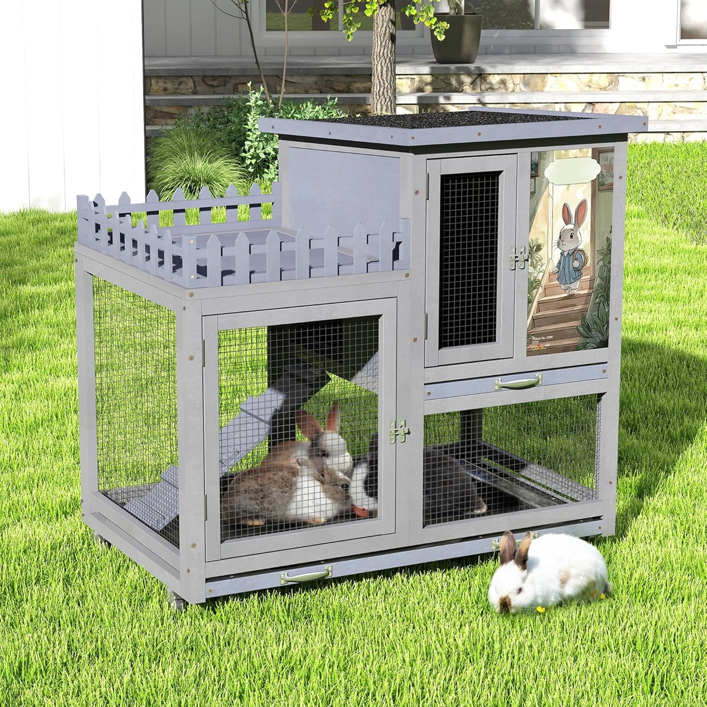 Wood Rabbit Hutch with Balcony - Small Animal House Bunny Cage on Wheels for Indoor Outdoor, Rabbit Cage Included Ramp, Pull Out Tray, (Grey with Pattern)