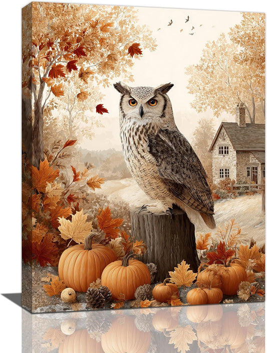 Fall Owl Wall Art Autumn Pumpkin Leaves Wall Decor Rustic Canvas Print Farmhouse Pictures Painting Print Framed Artwork Decorations Gifts for Living Room Bathroom Bedroom Office 12"x16"