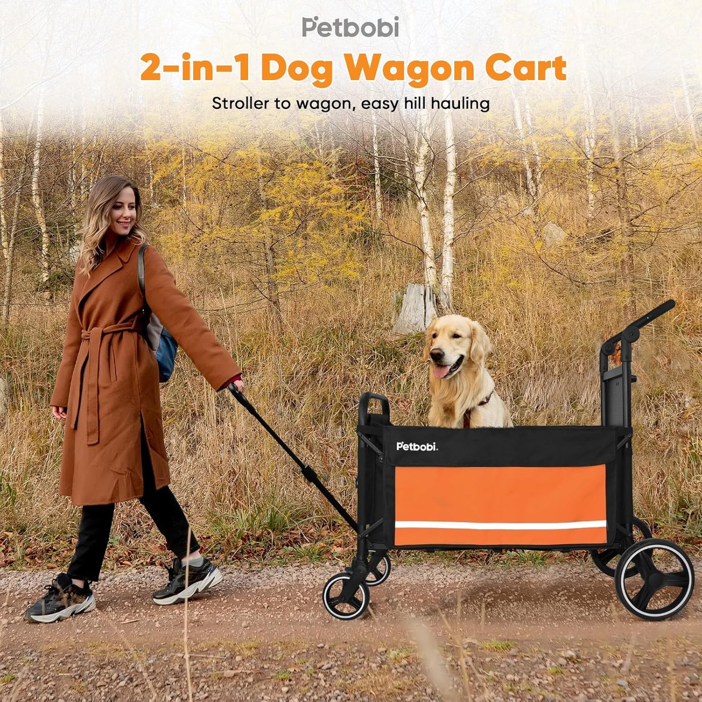 Petbobi Dog Wagon Stroller for Large & Medium Dogs - 2-in-1 Push-Pull Pet Stroller with Ramp, Foldable All Terrain Wagon Cart, One-Step Brake, Suitable for Outdoor Walks & Camping, Orange
