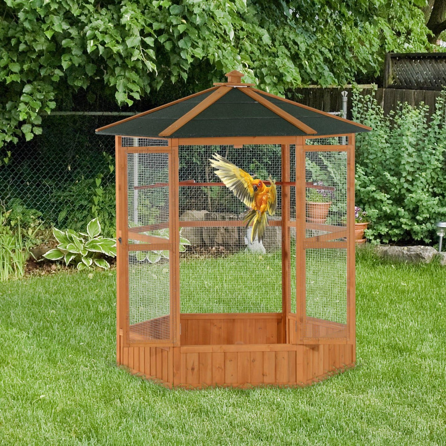 PawHut 69" Large Wooden Hexagonal Outdoor Aviary Flight Bird Cage with Covered Roof, Brown
