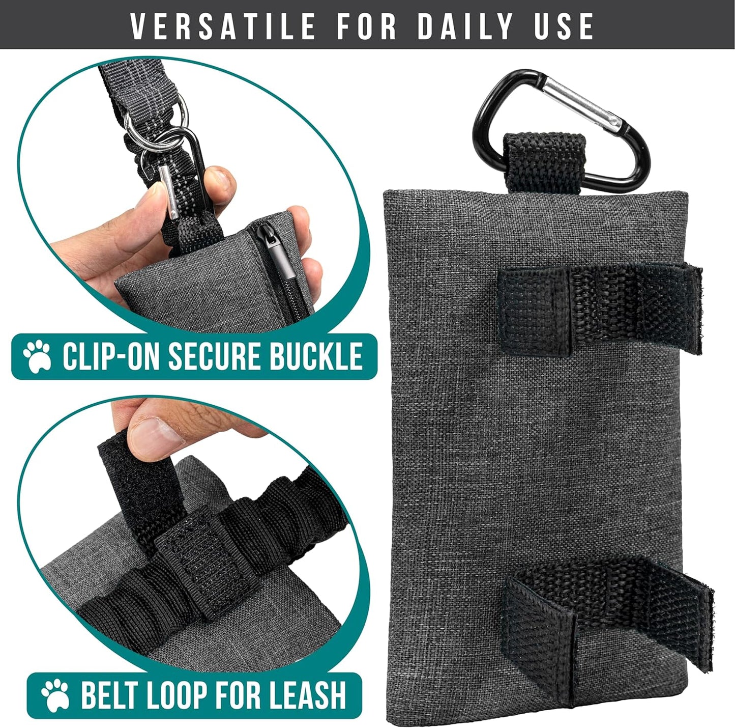 PetAmi Dog Poop Bag Holder for Leash, Dog Waste Bag Dispenser with Clip, Treat Pouch, Walking & Camping Accessory with Trash Bag Roll, Gray 1 Pack