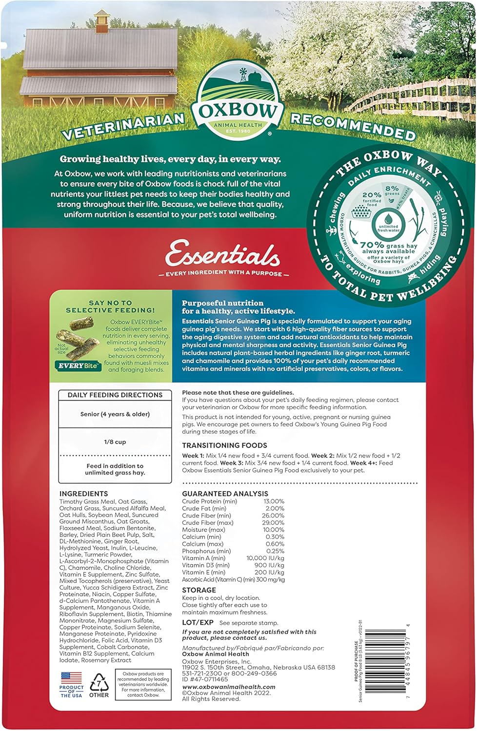 Oxbow Essentials Guinea Pig Food, Senior, Made Alfalfa for Guinea Pig, Pet Food Pellets with Vitamin C, Small Animal Pet Products, Made in USA, High Fiber, 8 lb. Bag