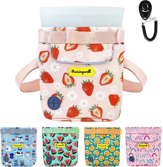 Dog Treat Pouch for Pet Walking and Training with Clicker 2 Cup Silicone Bag Small Fanny Pack Holder for Puppy Snack Dispenser Kit for Leash and Outdoor Use (Strawberry)