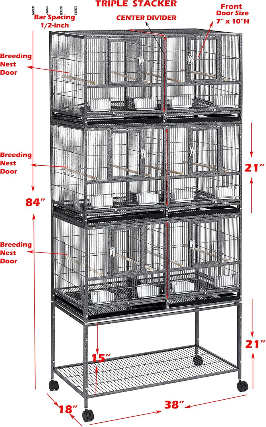 Combo Breeding Stacker Center Divided Breeder Bird Flight Double Rolling Cage with Side Breeding Nest Door (Black Vein, Triple Stack)
