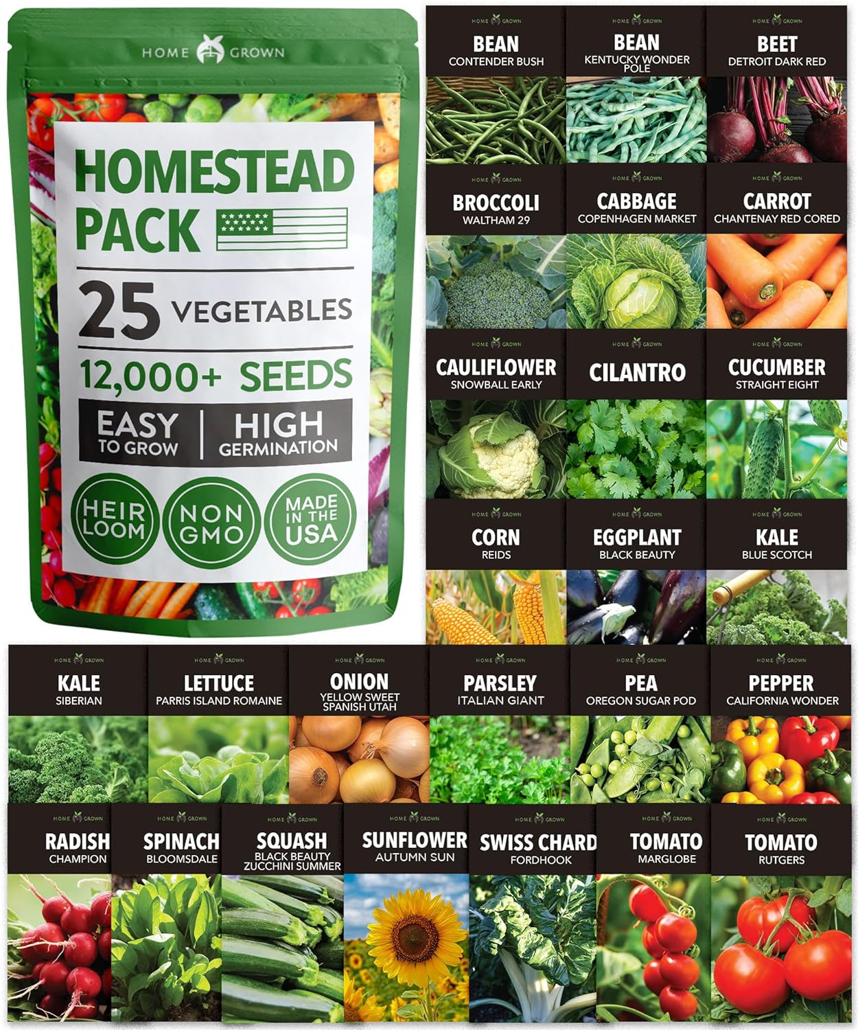 HOME GROWN 𝗨𝗦𝗔 𝗣𝗥𝗘𝗠𝗜𝗨𝗠 25 Heirloom Vegetable Seeds 12,000+ 𝗡𝗢𝗡-𝗚𝗠𝗢 Survival Garden Seeds Kit, High Germination Tomatoes Carrots Beans Kale Peppers, Giftable Indoor Outdoor Planting Set