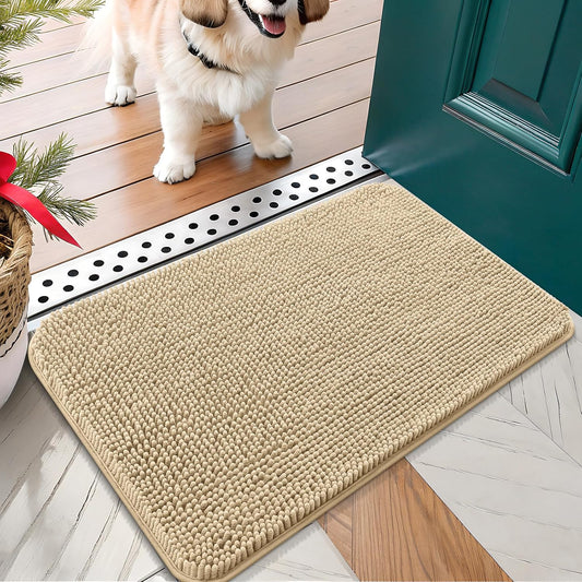 OLANLY Dog Door Mat for Muddy Paws 30x17, Absorbs Moisture and Dirt, Absorbent Non-Slip Washable Doormat, Quick Dry Chenille Mud Mat for Dogs, Entry Indoor Entryway Carpet for Inside Floor, Beige