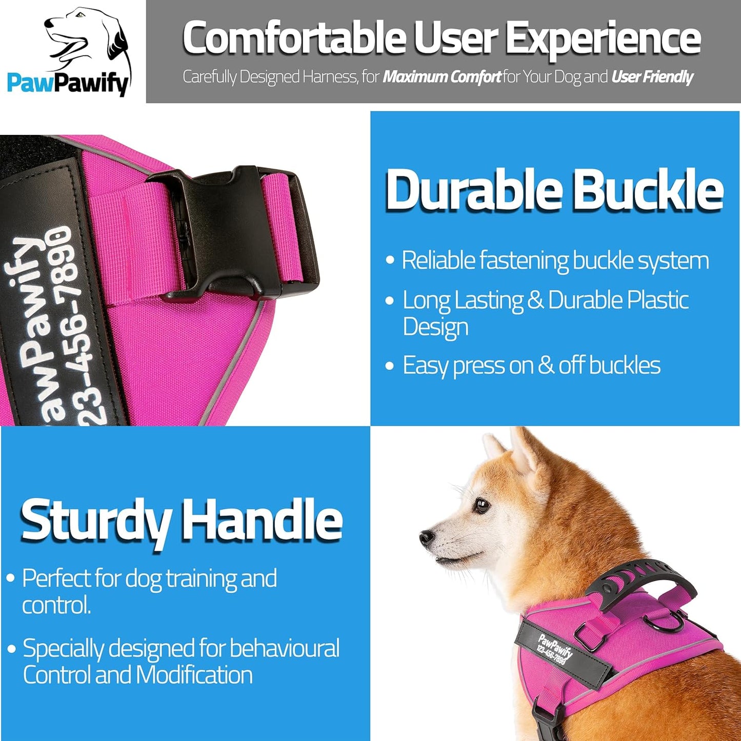 PawPawify Custom No Pull Dog Harness with Name and Phone Number, Heavy Duty Personalized Pet Vest to Prevent Tugging, Pulling, or Choking, Training and Walking (New Pink, M (20-40 LBS))