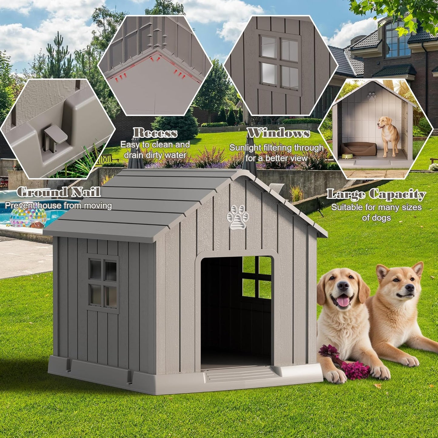 Large Dog House Outdoor Indoor for Medium Large Dogs, Durable Plastic Waterproof Doghouse with Air Vents and Elevated Floor, Easy Clean and Assemble (Grey, 37.2" L x 40" W x 40" H)