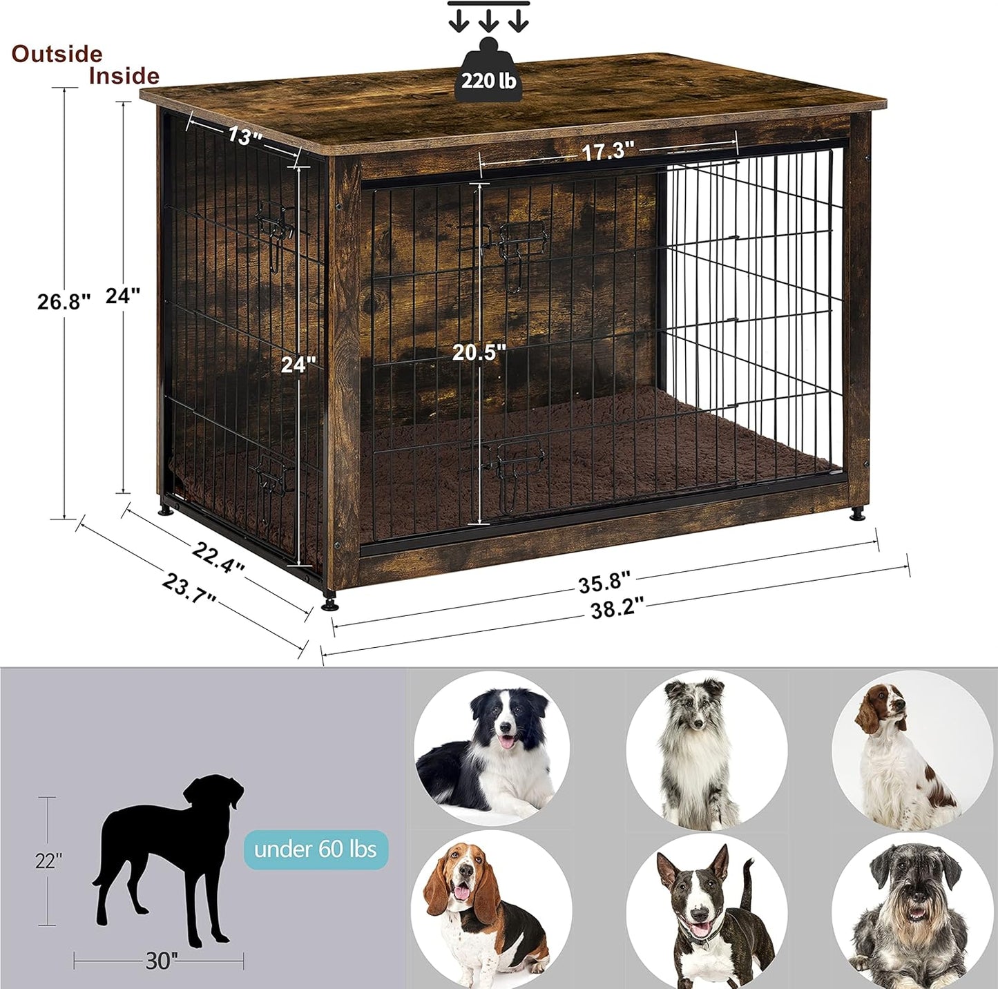 DWANTON Dog Crate Furniture with Cushion, Wooden Kennel Table with Double Doors, Indoor Dog House, Large Size, 38.5" L, Rustic Brown
