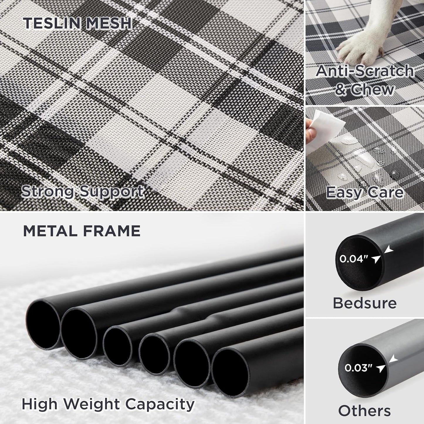 Bedsure Outdoor Elevated Dog Bed Large Sized Dog, Portable Indoor & Outdoor Cooling Raised Cot Pet Hammock Bed with Skid-Resistant Feet, Frame with Breathable Mesh, Checkered White, 49 inches