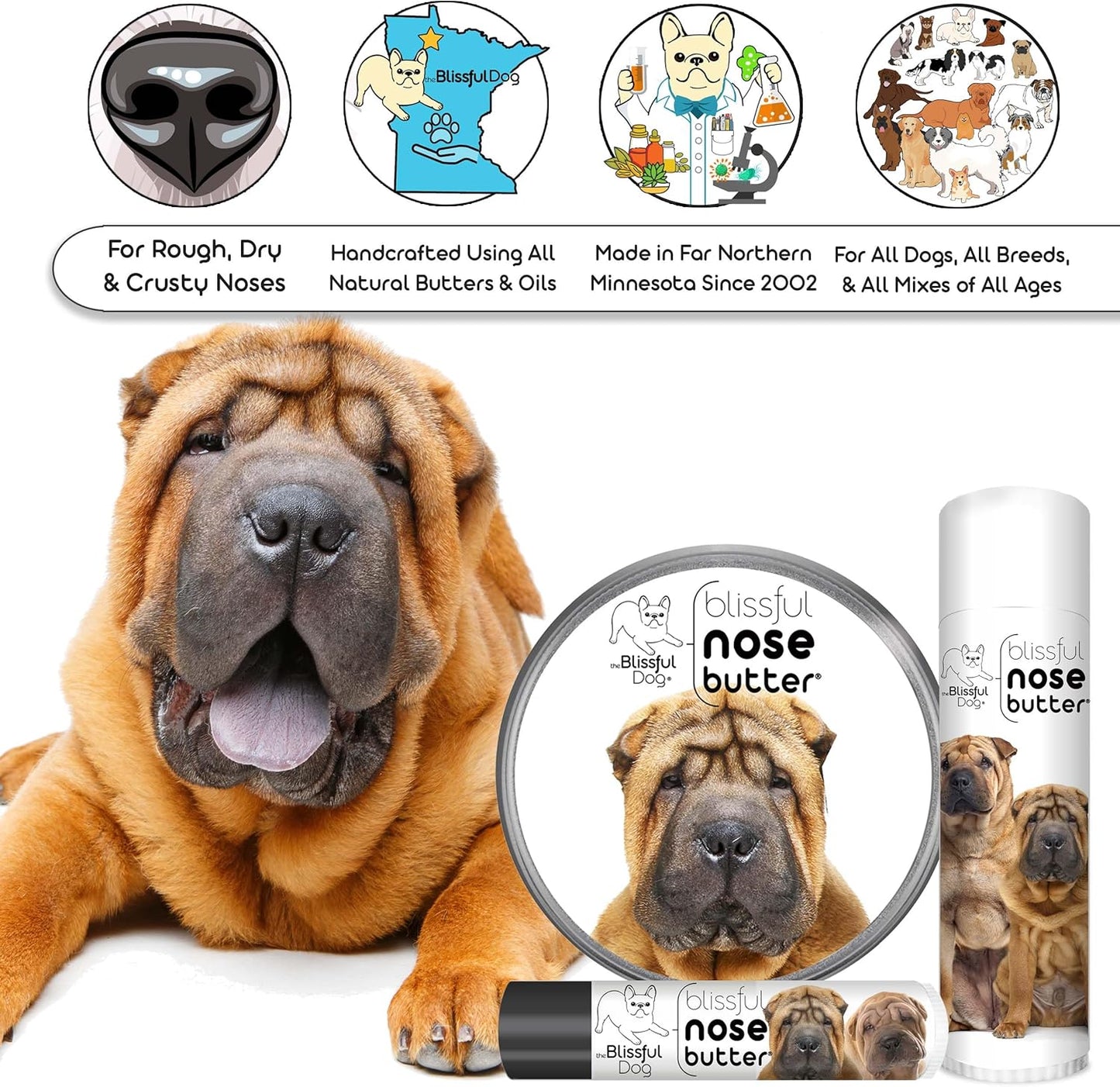 The Blissful Dog Chinese Shar-Pei Nose Butter for Dry, Cracked Skin, Lick-Safe Dog Nose Balm with Moisturizing Shea Butter, Almond, Olive, and Essential Oils, Pet Supplies, Uncented, 2 oz.