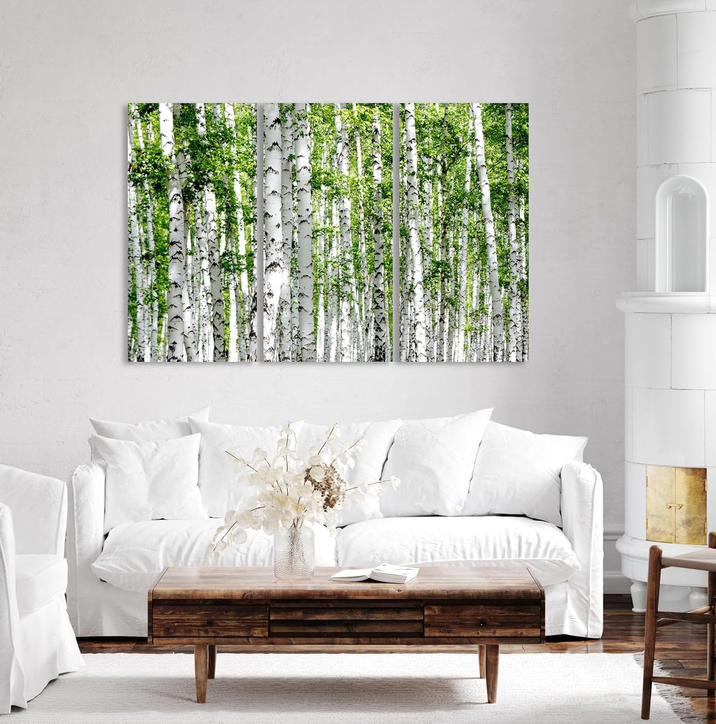 Nature Wall Art Prints - Ocean Forest Mountain Lake Canvas Landscapes - Small to Extra Large Living Room Bedroom Kitchen Bathroom Décor (Green Brich Trees, 35L" x 53W" - 3 Panels)