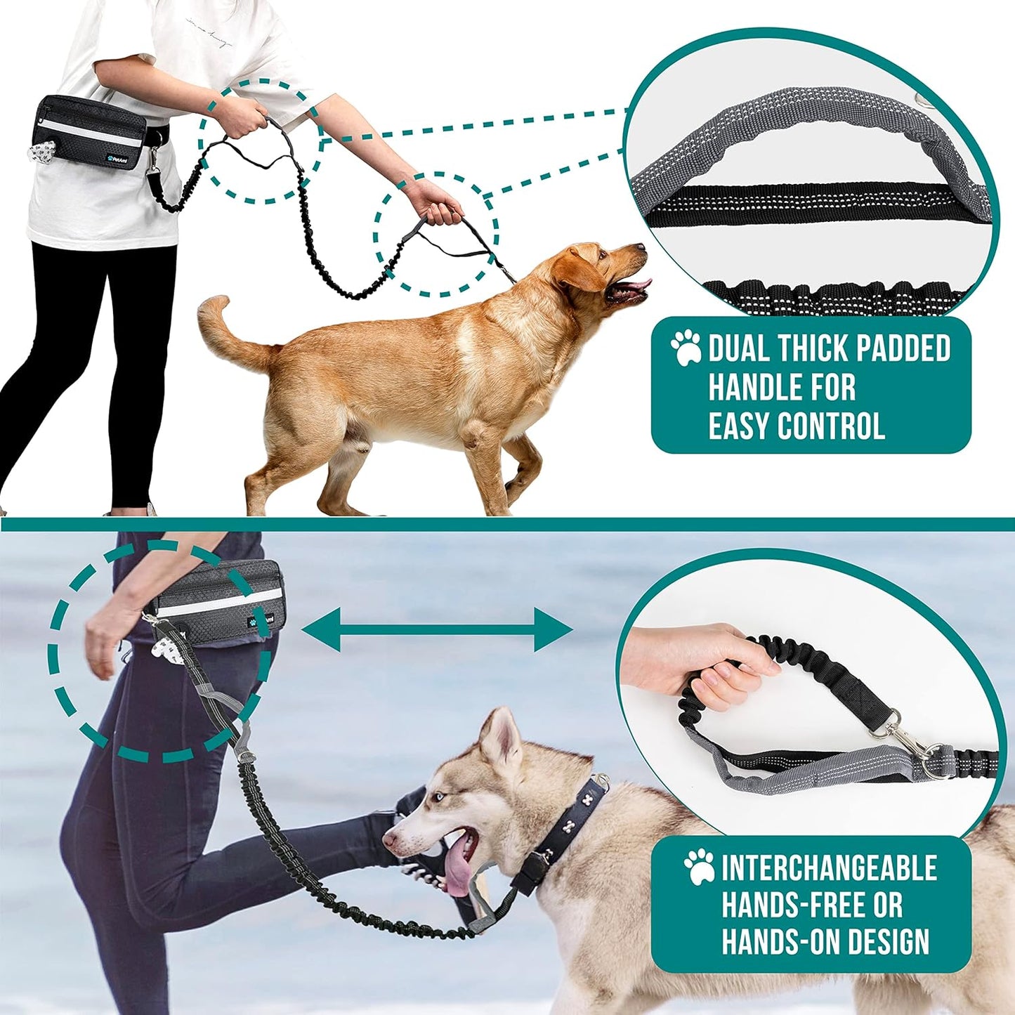 PetAmi Hands Free Dog Leash, Dog Running Leash Belt for Walking Jogging, Dog Waist Zipper Pouch Fanny Pack with Poop Bag Dispenser, Dual Padded Handle Bungee Leash for Small Medium Large Dogs, Double