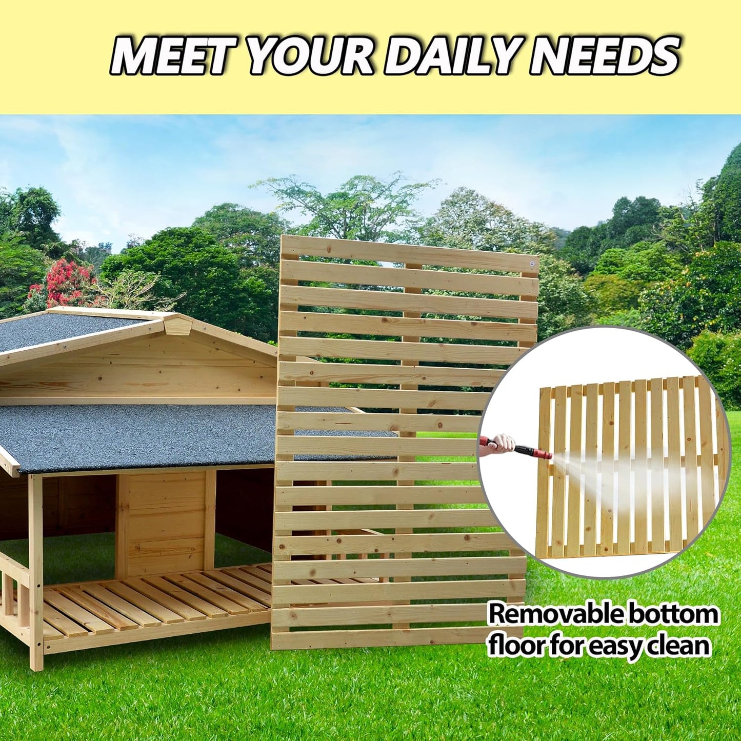 Large Outdoor Wooden Dog House – Weatherproof Double Kennel with Asphalt Roof & Covered Porch, Ideal for Medium to Large Breeds