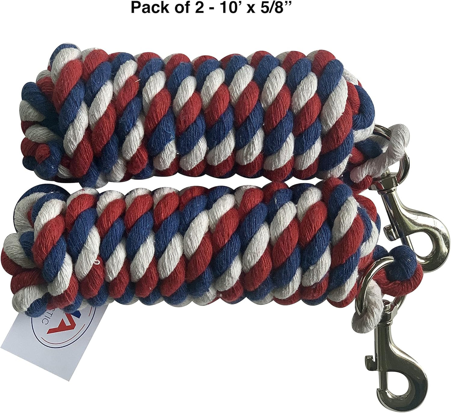 Majestic Ally Pack of 2 Solid Cotton Lead Rope for Horses & Livestock – 10 Foot Long and 5/8 inch Thick - Replaceable Heavy-Duty Satin Bolt Snap – Handmade – Soft, Broken in Feel (Patriotic)
