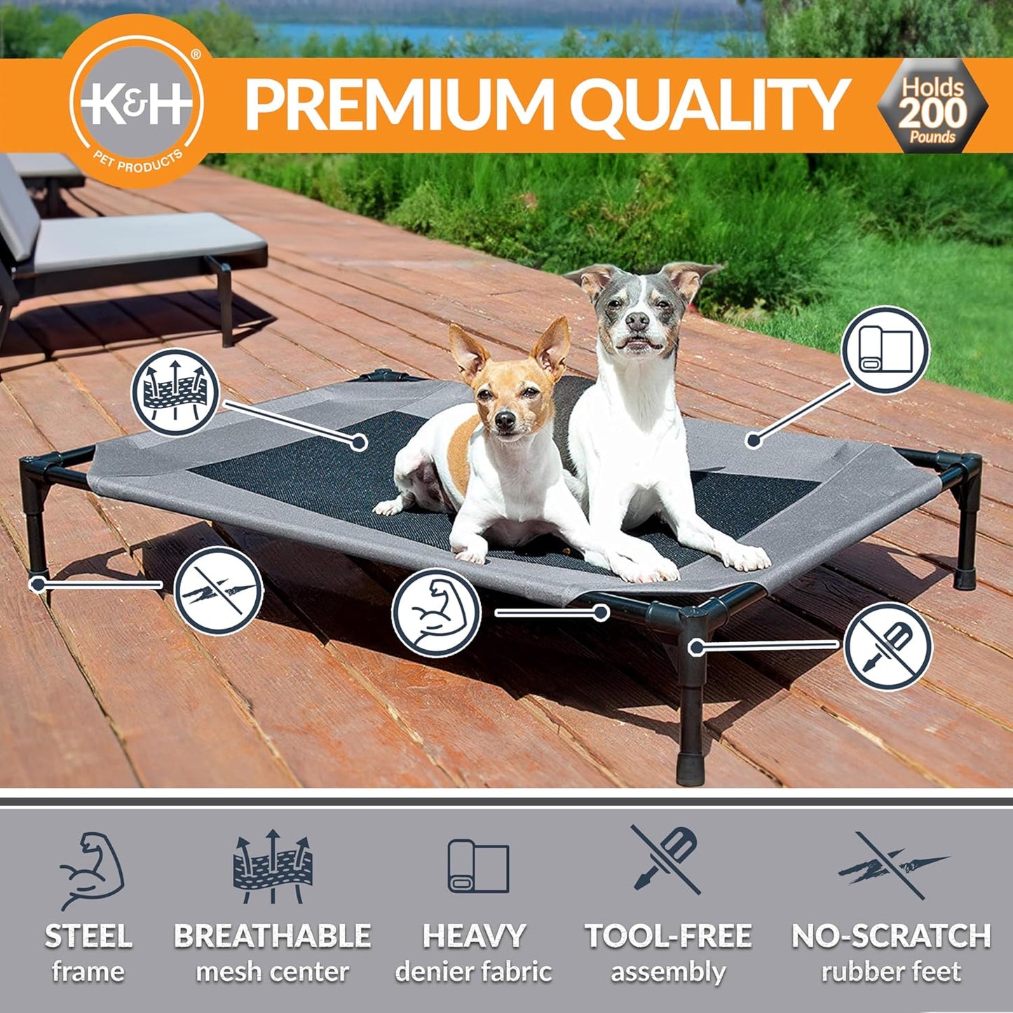 K&H Pet Products Outdoor Elevated Dog Cot, Breathable Cooling Elevated Cot Hammock Pet Bed for Medium Dogs, Washable Mesh Cover, Raised Metal Frame, Collapsible, Portable - Medium 32 X 25in Gray