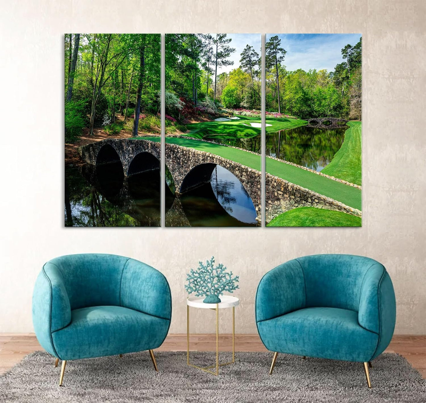 Nature Wall Art Prints - Ocean Forest Mountain Lake Canvas Landscapes - Small to Extra Large Living Room Bedroom Kitchen Bathroom Décor (Golf Course with Stone Bridge, 55L" x 83W"- 3 Panels)