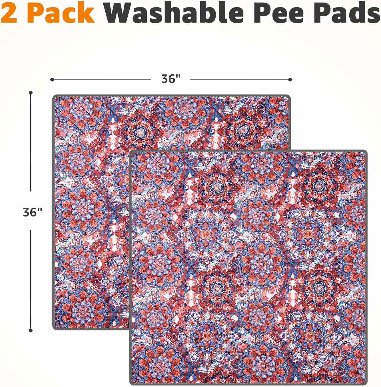 LOOBANI Washable Pee Pads for Dogs, 2 Pack Super Absorbent Reusable Puppy Pads Leakproof Dog Traning Pads, Waterproof Non-Slip Whelping Pad for Floor, Playpen, Crate, Couch-36 x36 (Red Flower)