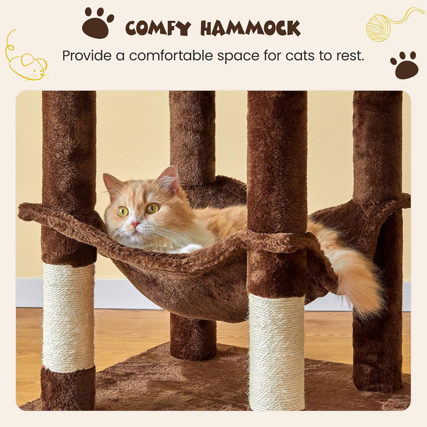 MWPO 63.8 inches Multi-Level Cat Tree for Large Cats with Sisal-Covered Scratching Posts, Padded Platform, Hammock and Condo,Stable Cat Tower Cat Condo Pet Play House (Brown)