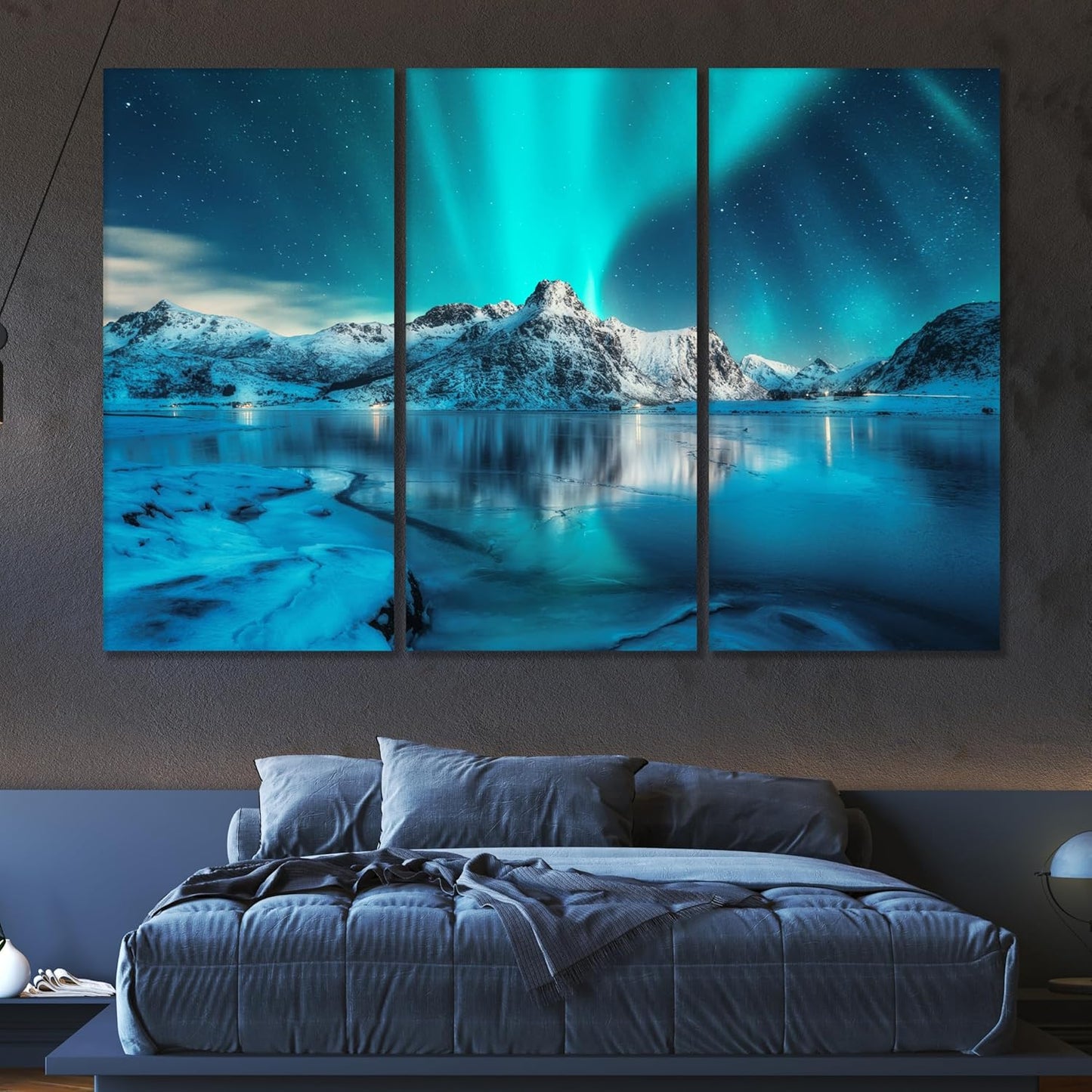 Nature Wall Art Prints - Ocean Forest Mountain Lake Canvas Landscapes - Small to Extra Large Living Room Bedroom Kitchen Bathroom Décor (Northern Lights Over Lake, 31L" x 47W" - 3 Panels)