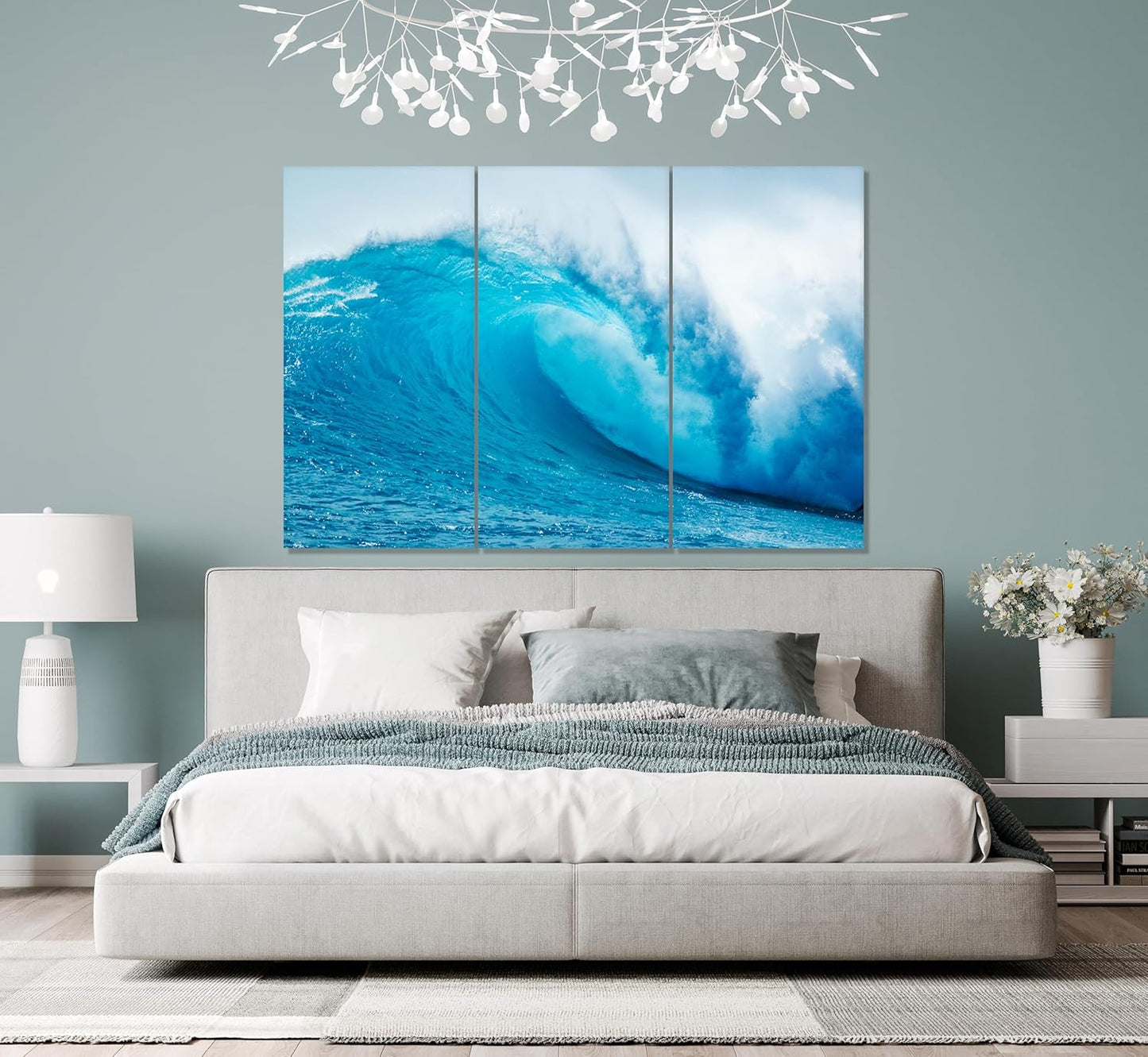 Nature Wall Art Prints - Ocean Forest Mountain Lake Canvas Landscapes - Small to Extra Large Living Room Bedroom Kitchen Bathroom Décor (Blue Ocean Wave, 55L" x 83W"- 3 Panels)